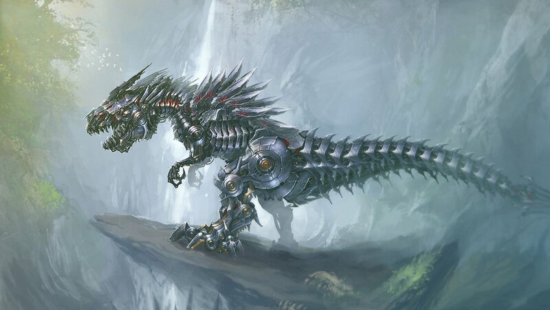 Mechanical dinosaur in a misty canyon