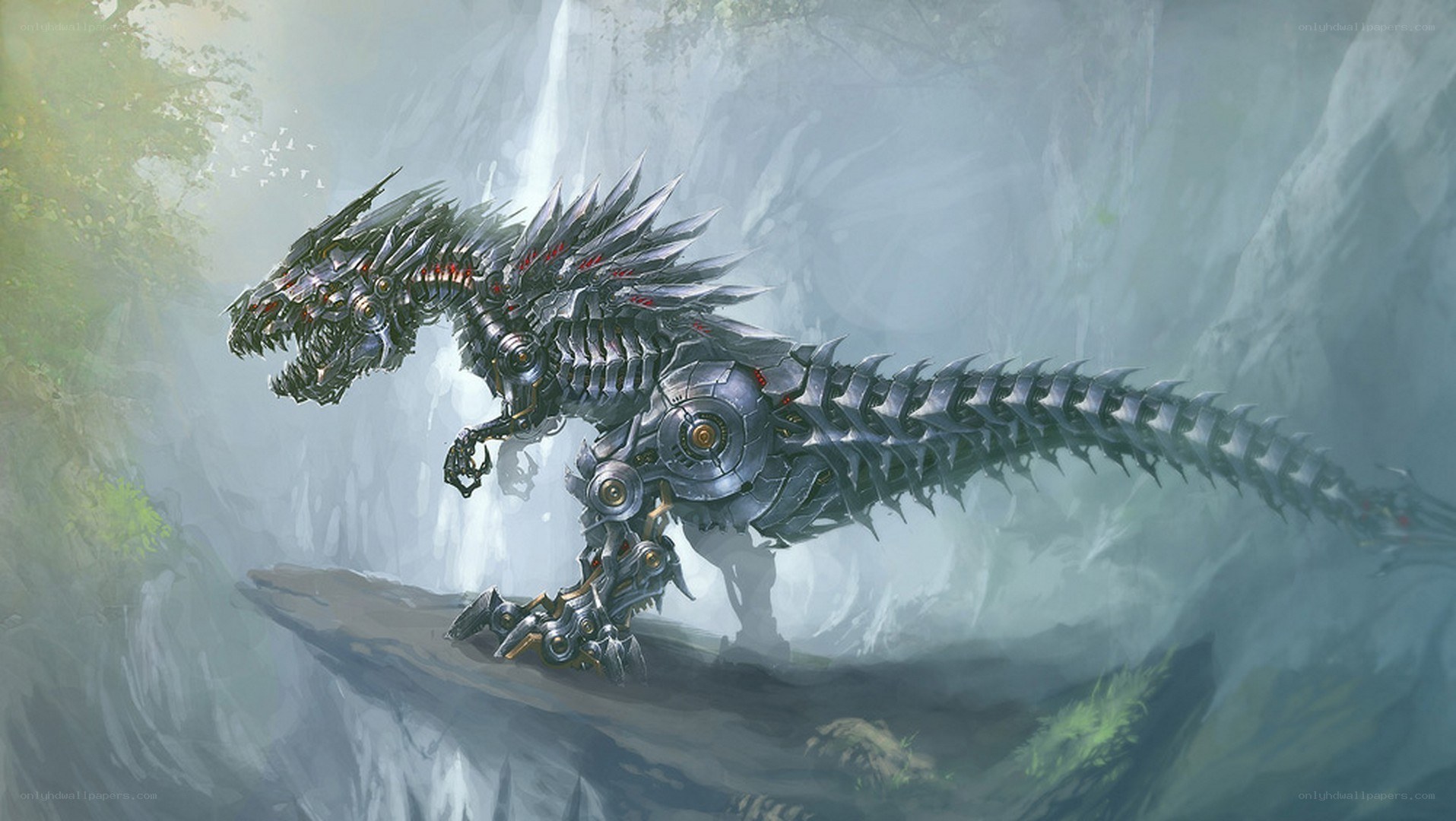 Mechanical dinosaur in a misty canyon