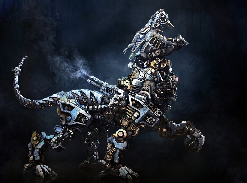 Mechanical Dinosaur Robot — Black, Dramatic, Night, Digital Art, Smoke