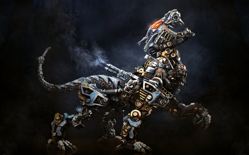 Mechanical Dinosaur Robot — Black, Dramatic, Night