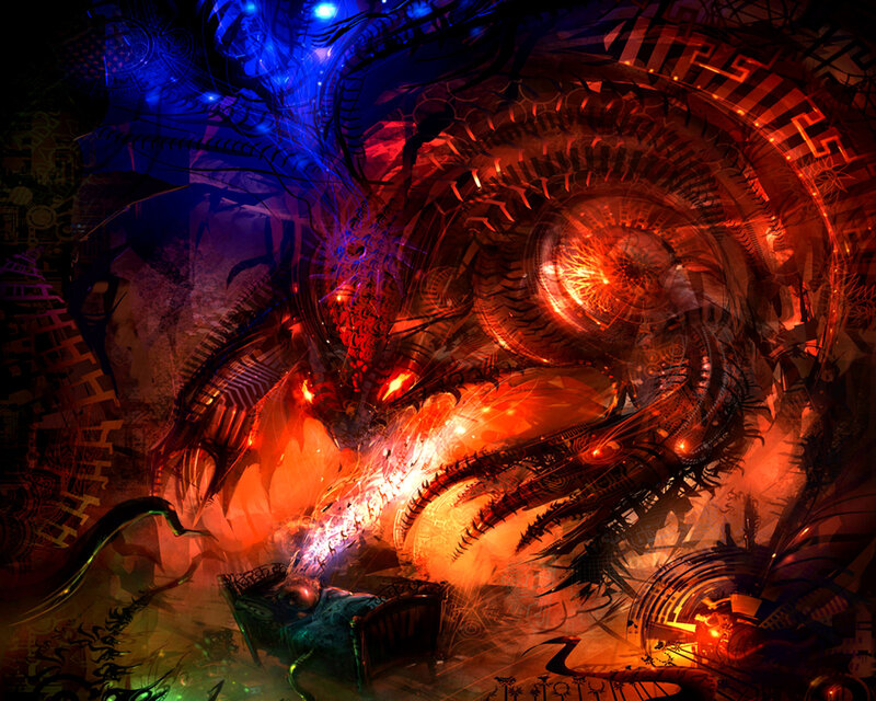 Mechanical Dragon Breathing Fire — Red, Dramatic