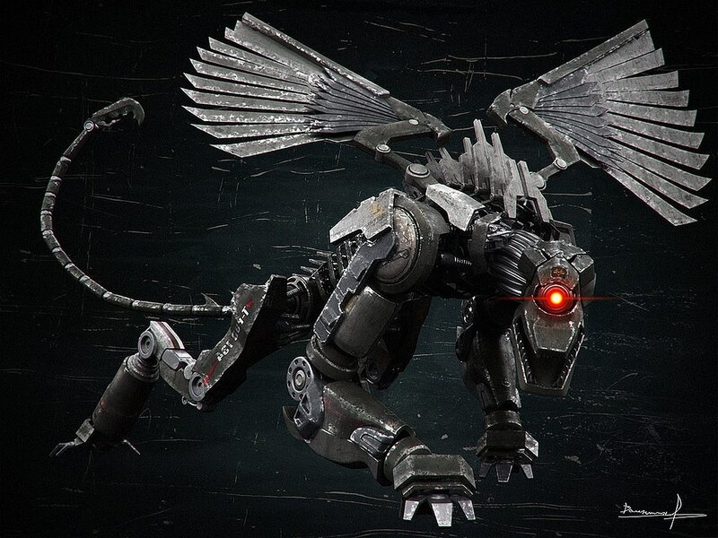 Mechanical Dragon Creature — Black, Dramatic, Night, Digital Art