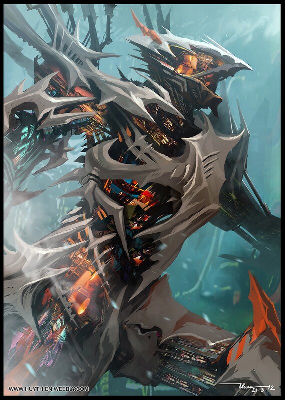 Mechanical Dragon Creature — Gray, Dramatic, Digital Art, Spikes