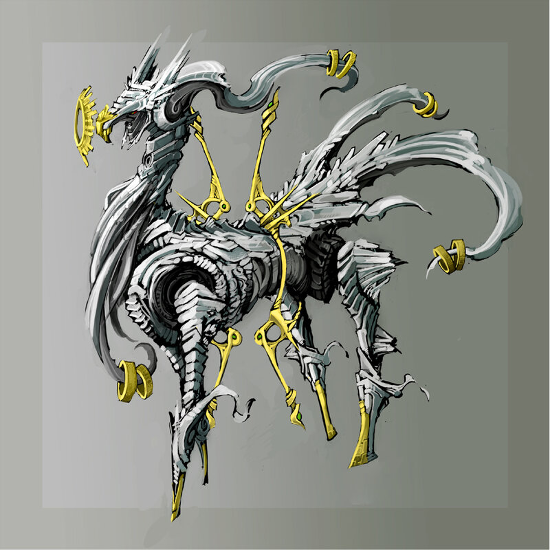 Mechanical Dragon Creature — Gray, Dramatic, Digital Art