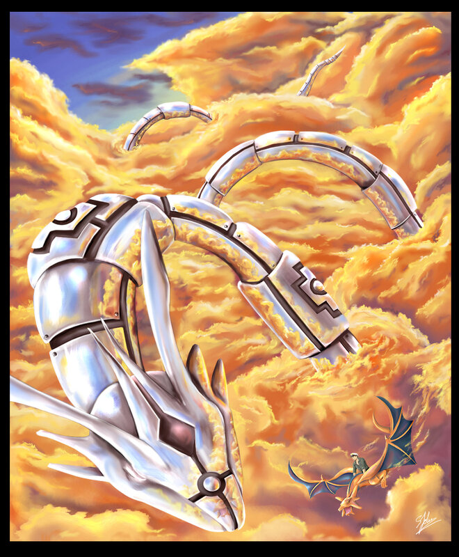 Mechanical dragon in fiery sky
