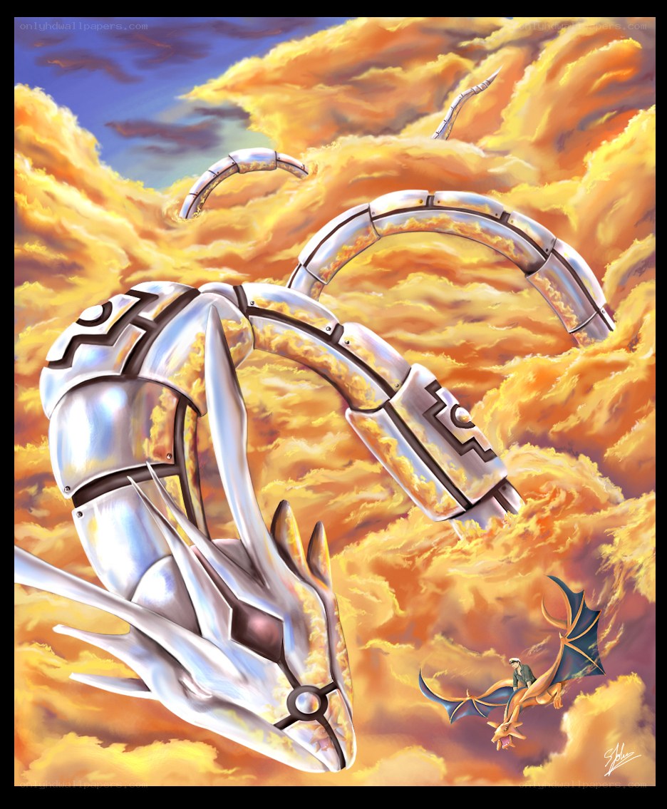 Mechanical dragon in fiery sky
