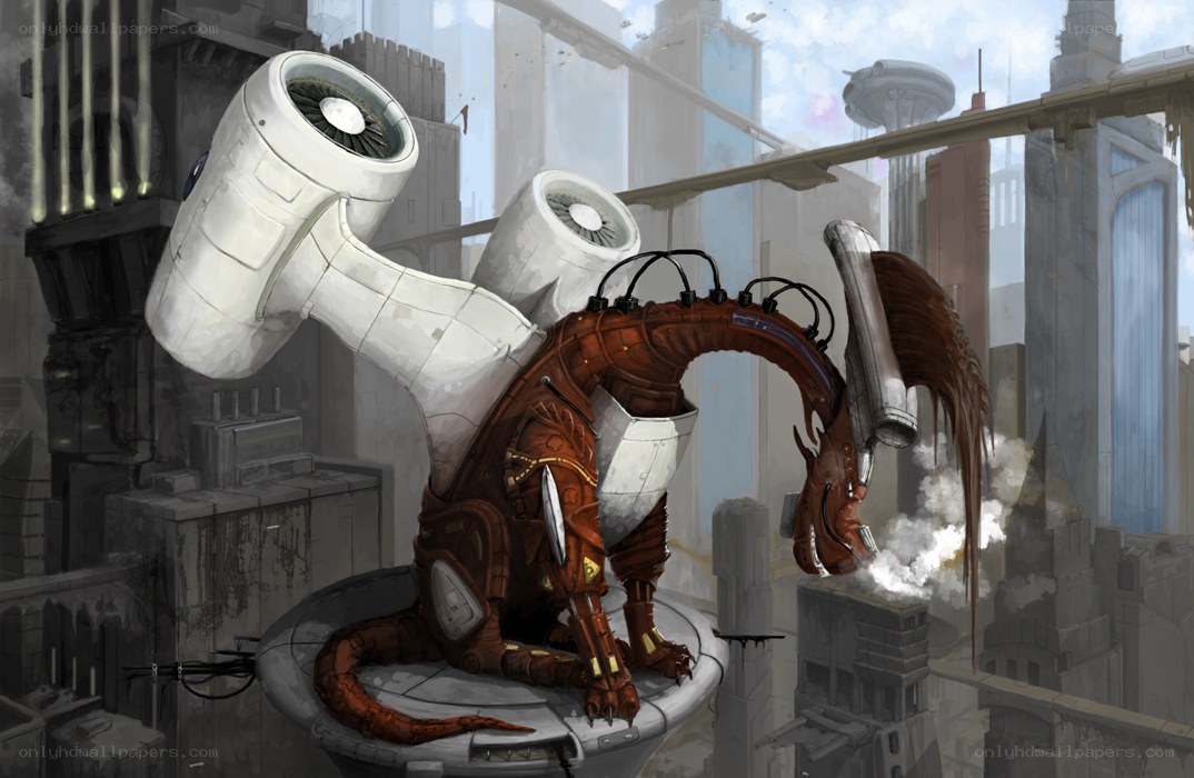 mechanical dragon in futuristic city