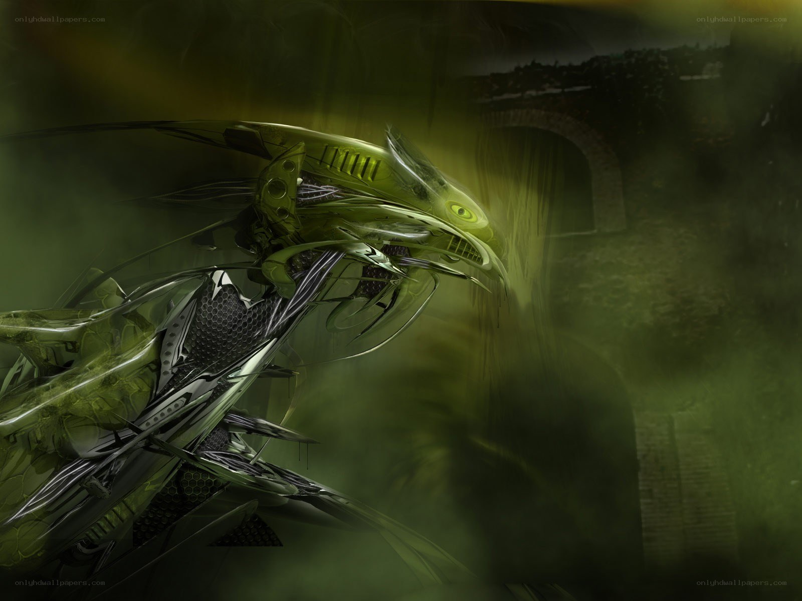mechanical dragon in mist
