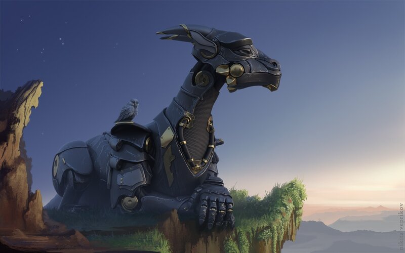 Mechanical dragon on cliff