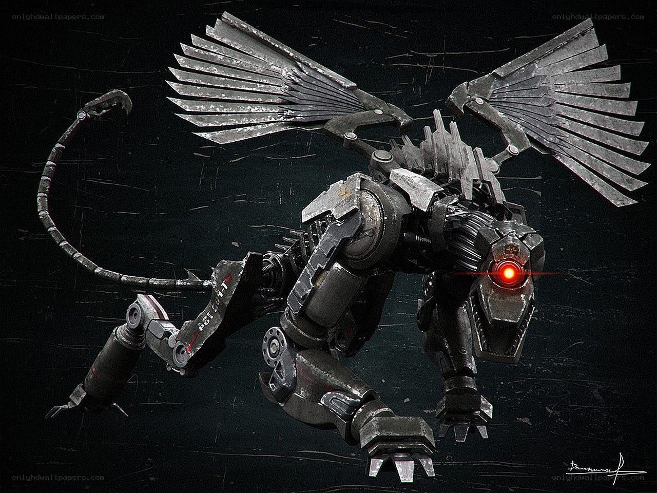 mechanical dragon with red eye
