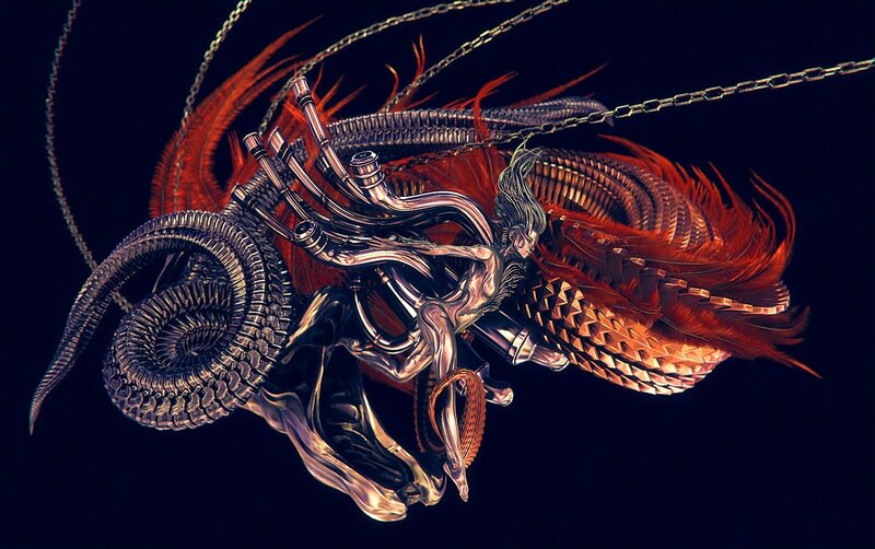mechanical dragon with red feathers