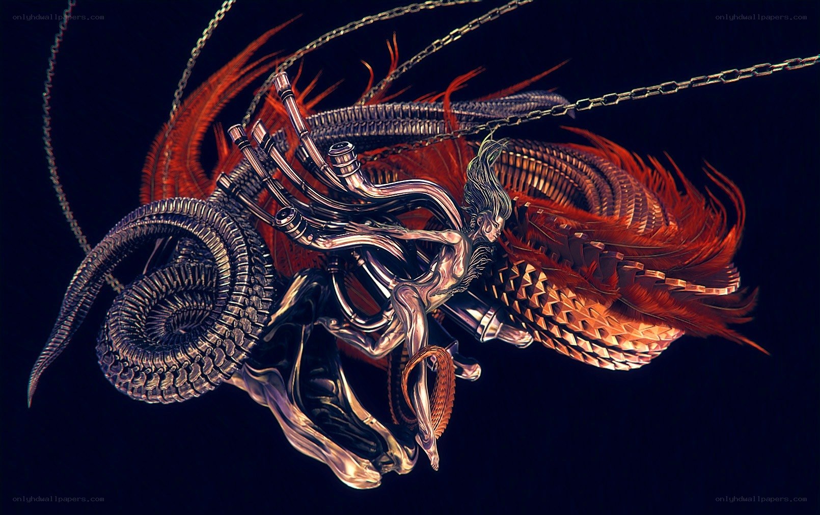 mechanical dragon with red feathers