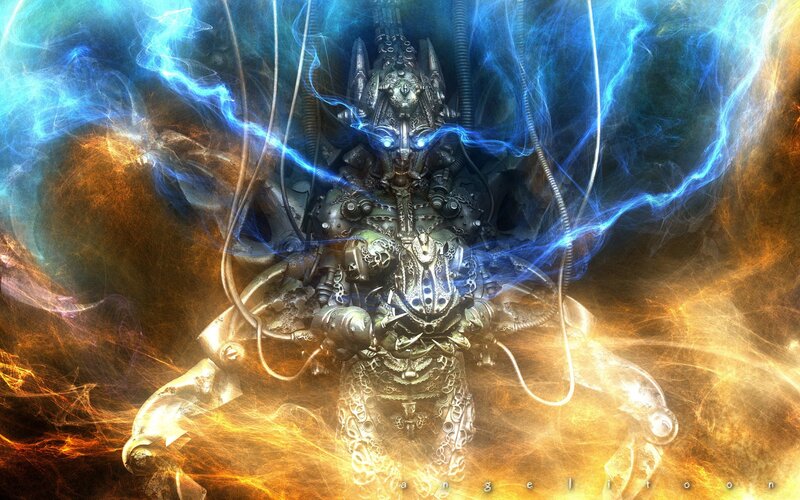 Mechanical Entity with Lightning — Blue, Dramatic