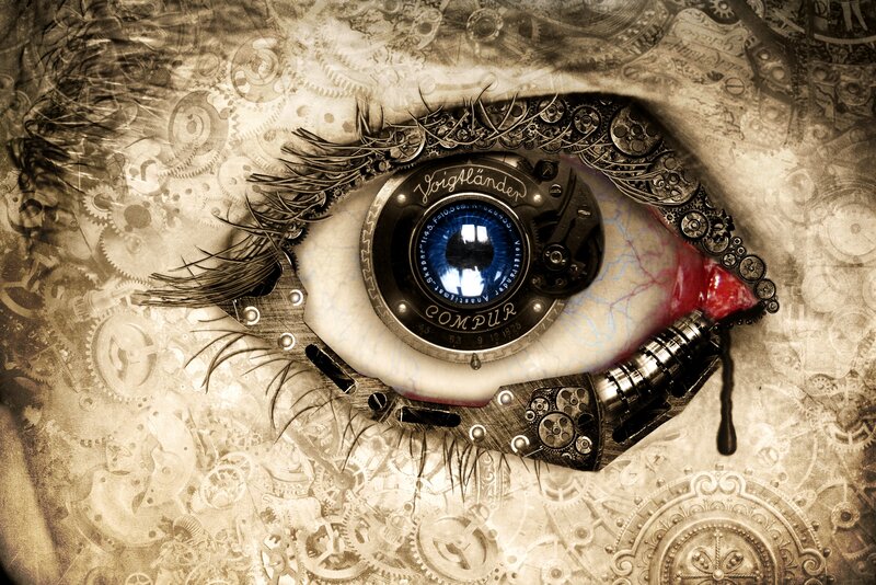 Mechanical Eye — Brown, Dramatic, Digital Art, Gears, Cogs, Eyelashes