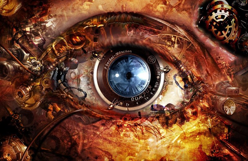 Mechanical Eye — Brown, Dramatic, Digital Art, Gears, Cogs, Wires