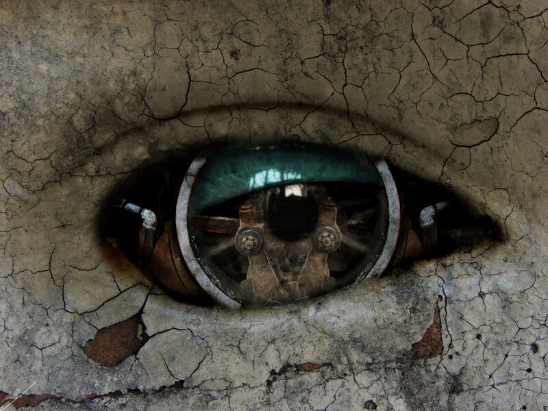Mechanical Eye in Cracked Surface — Gray, Dramatic