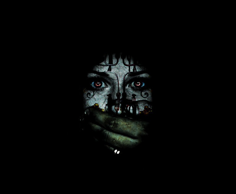 mechanical face with glowing eyes