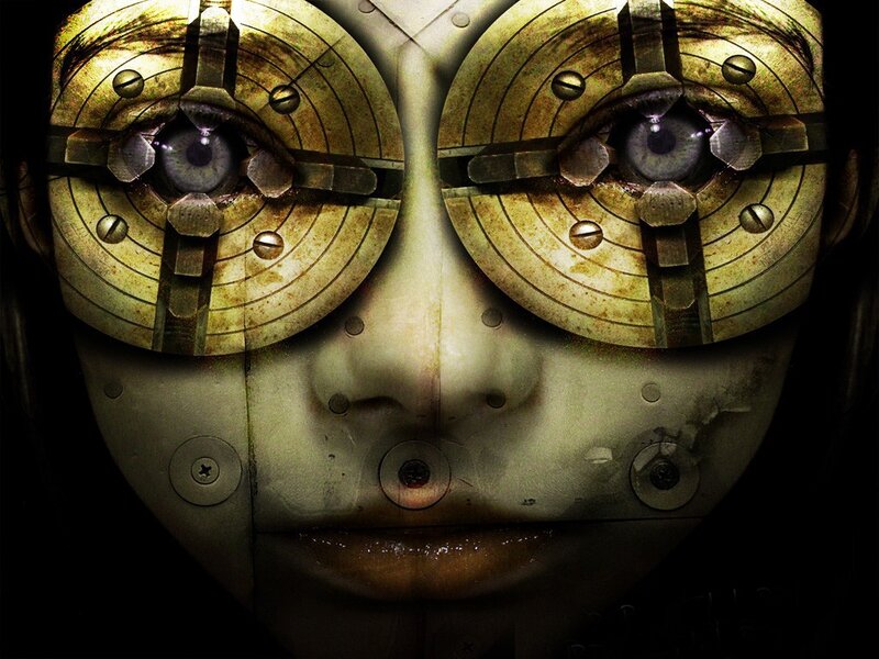 mechanical face with robotic eyes