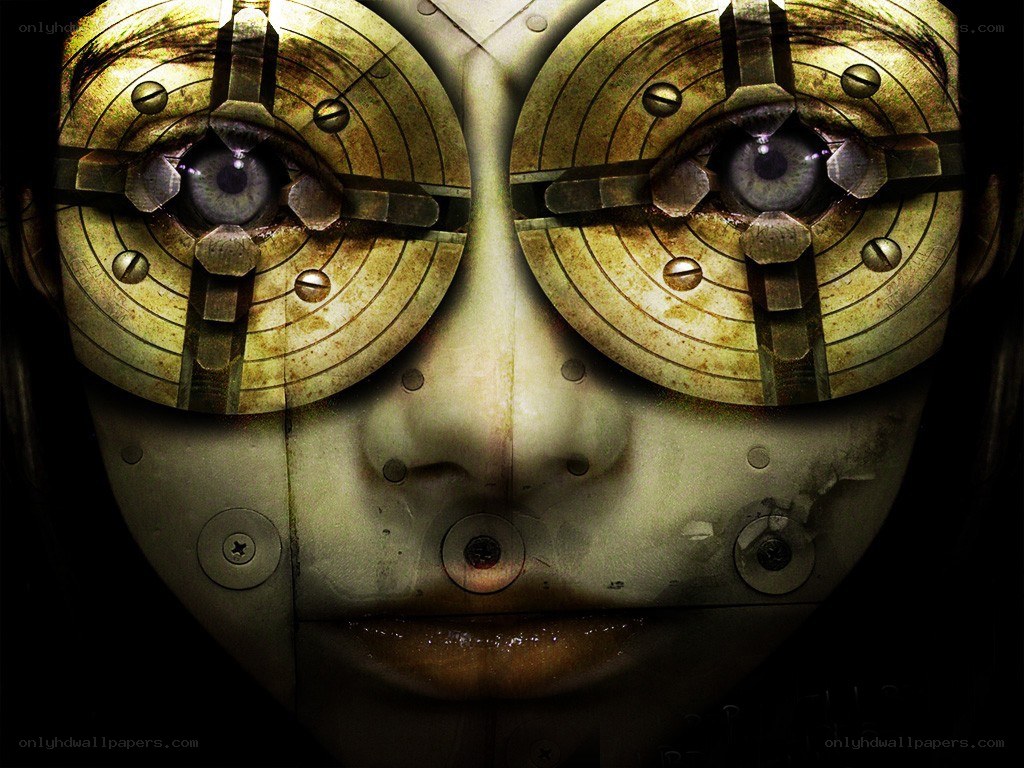 mechanical face with robotic eyes