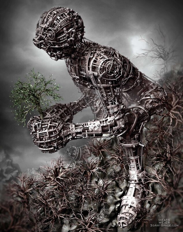 Mechanical figure holding a tree