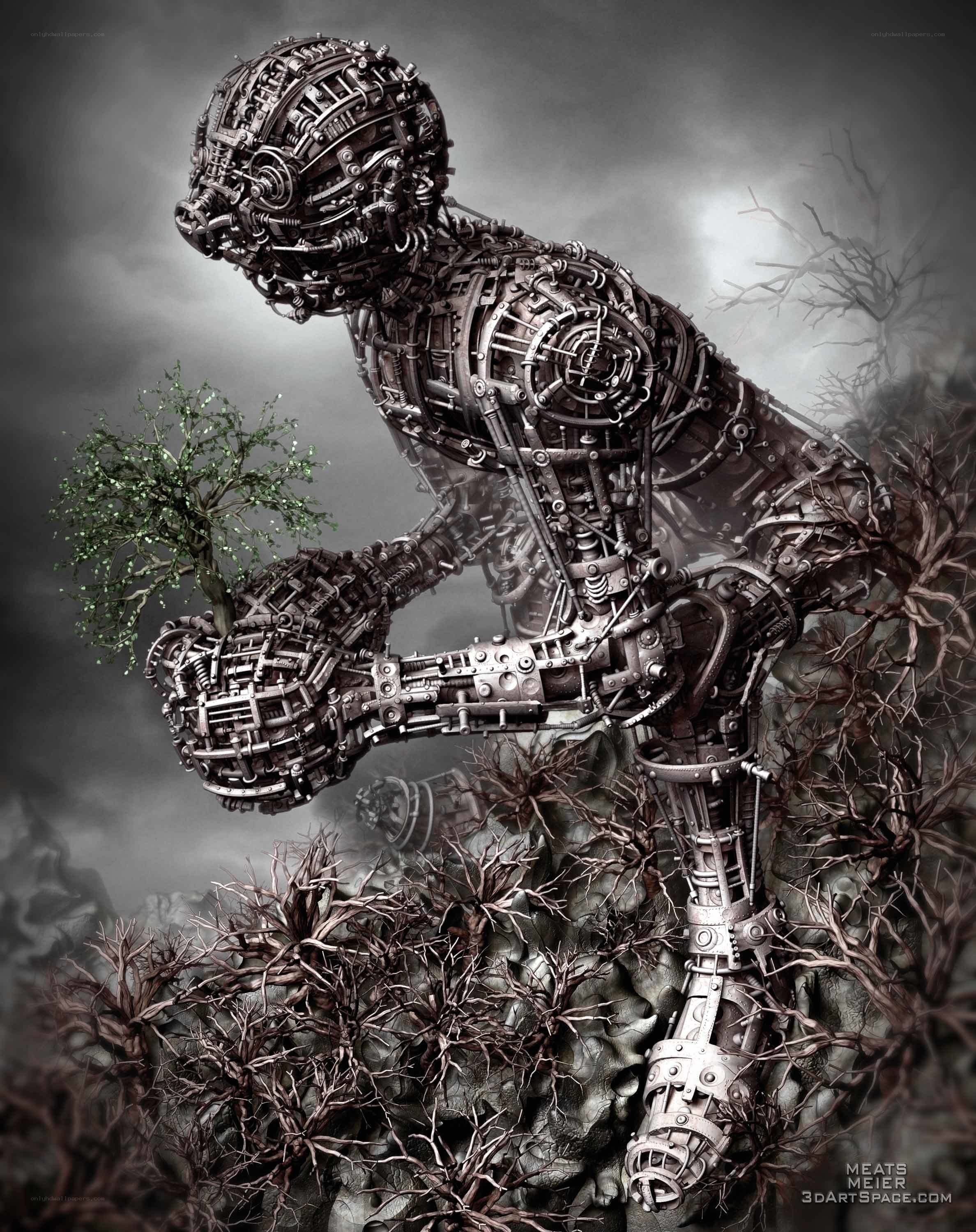 Mechanical figure holding a tree