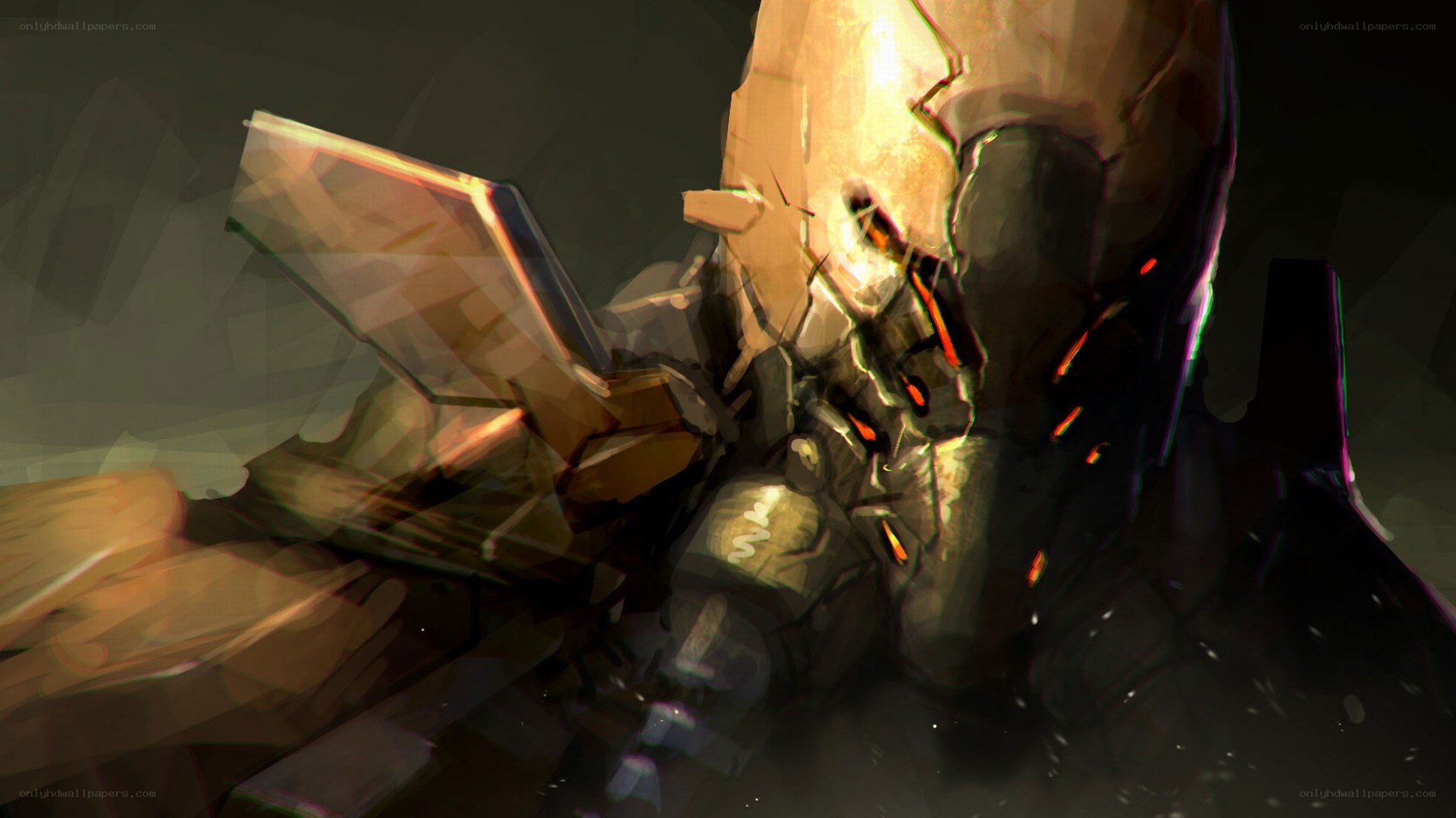 mechanical figure with glowing eyes