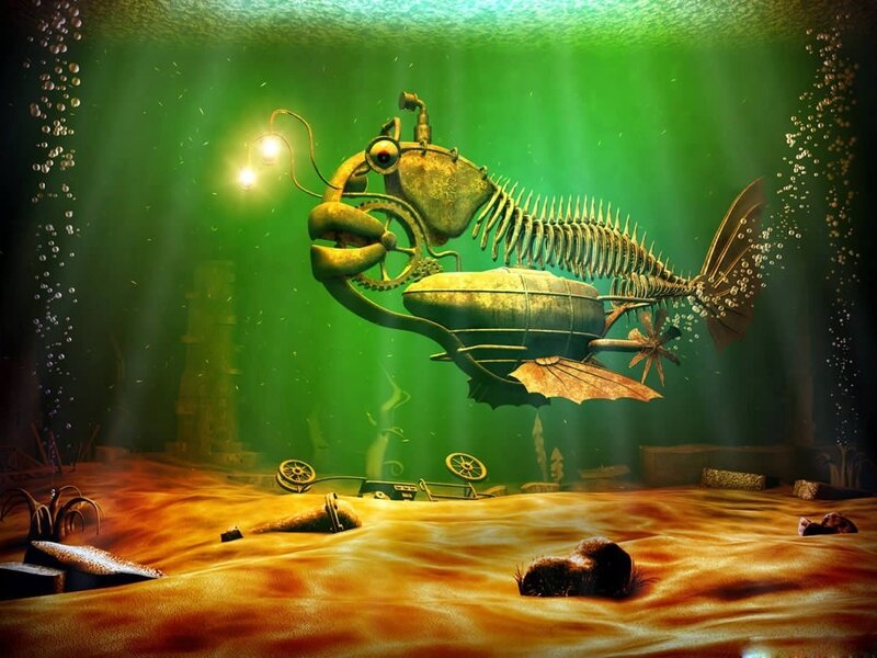 Mechanical Fish Submarine — Green, Dramatic