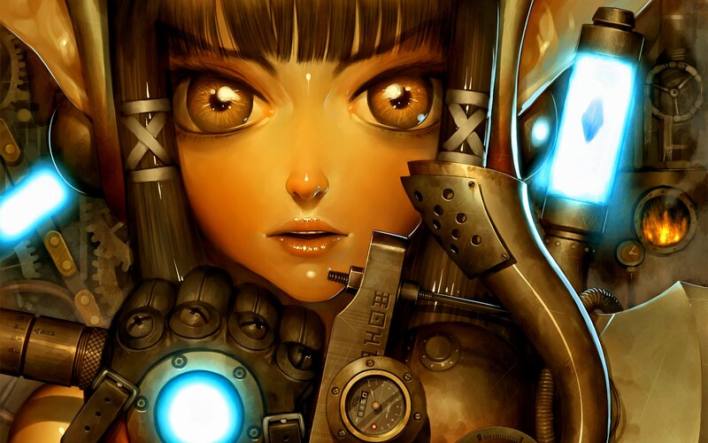 Mechanical Girl — Brown, Dramatic, Digital Art, Gears
