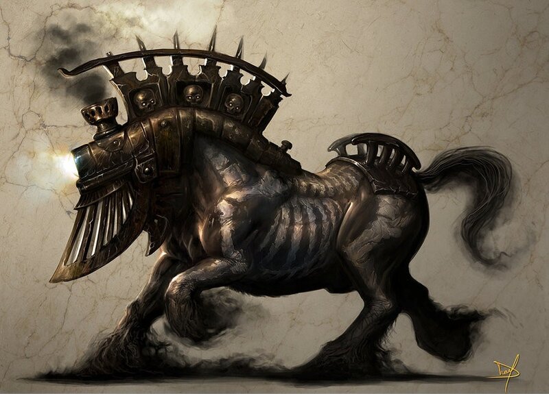 Mechanical Horse Creature — Black, Dramatic, Digital Art