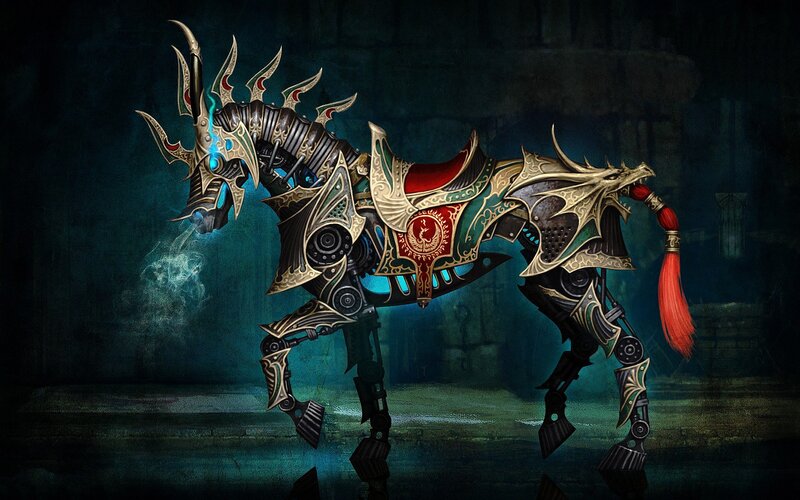 Mechanical Horse Creature — Black, Dramatic, Night