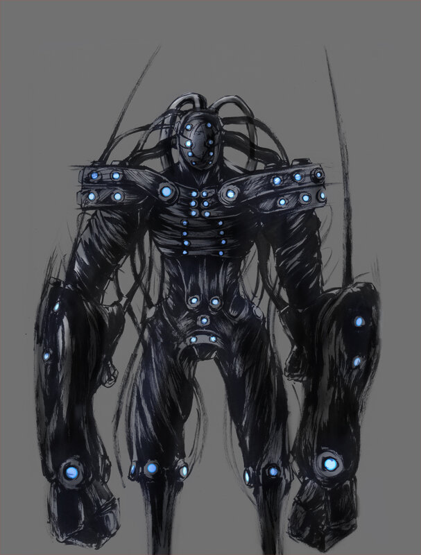 Mechanical Humanoid Figure — Black, Dramatic, Digital Art, Glowing Blue Lights