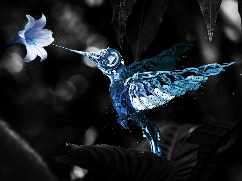 Mechanical Hummingbird — Blue, Dramatic, Digital Art