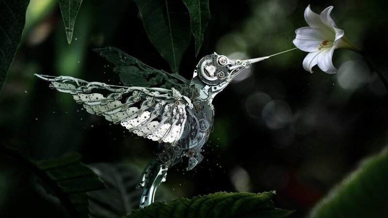 Mechanical Hummingbird — Green, Dramatic, Digital Art, Flower, Leaves, Gears