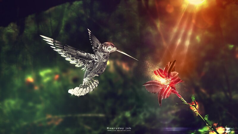 Mechanical Hummingbird — Green, Dramatic, Sunset
