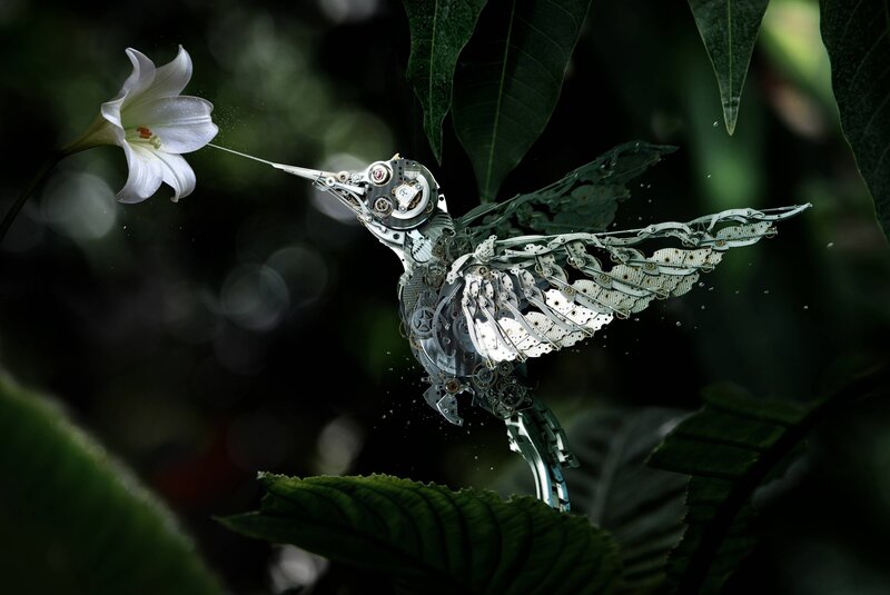 Mechanical Hummingbird — Green, Dramatic