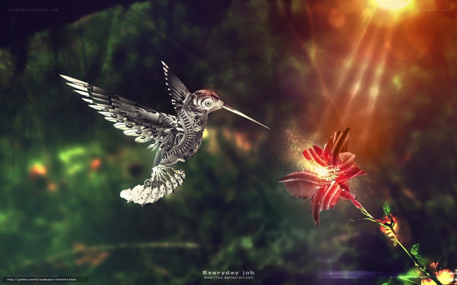 Mechanical hummingbird near flower