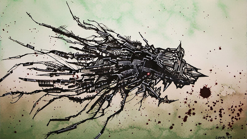 Mechanical Insect Creature — Green, Dramatic, Illustration