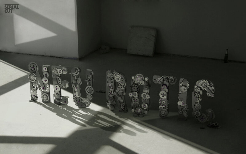 mechanical letters in a dim room