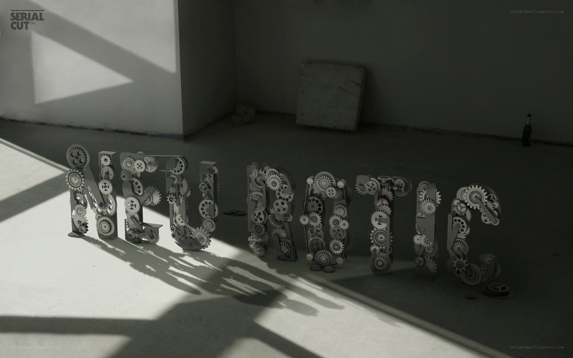 mechanical letters in a dim room