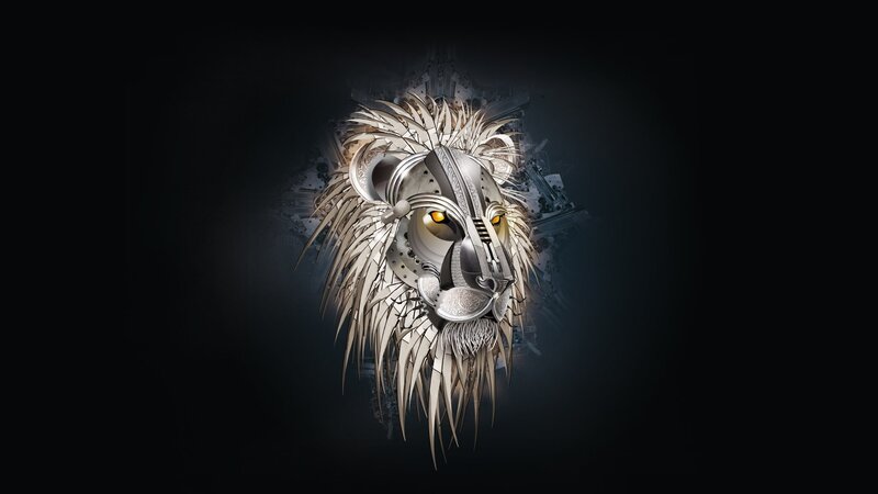Mechanical Lion Head — Black, Dramatic, Digital Art, Metallic, Glowing Eyes, Dark Background, Silver