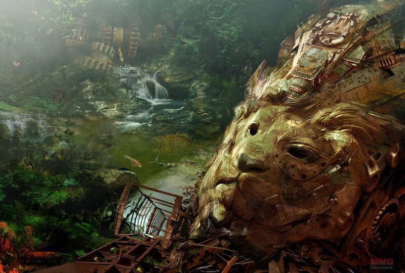 Mechanical lion in jungle ruins