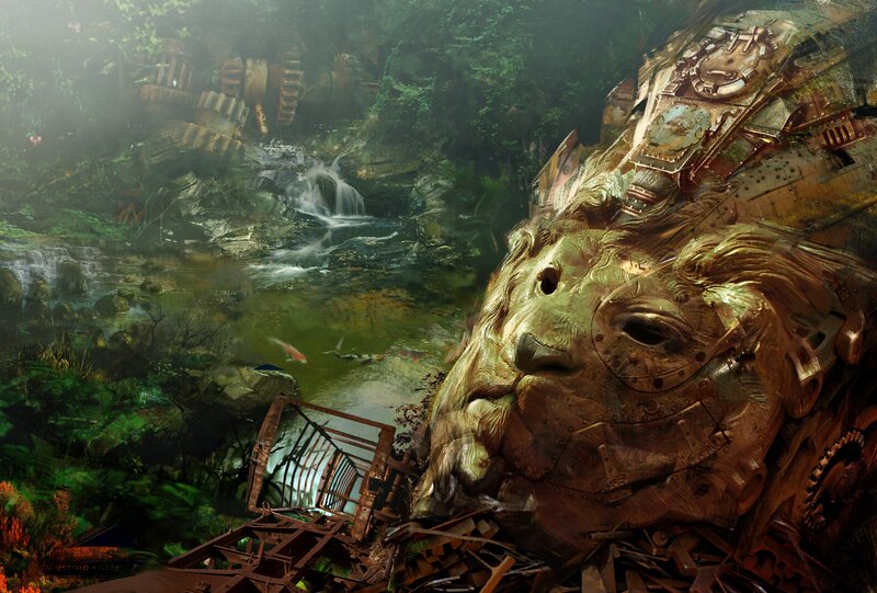 Mechanical lion in jungle ruins