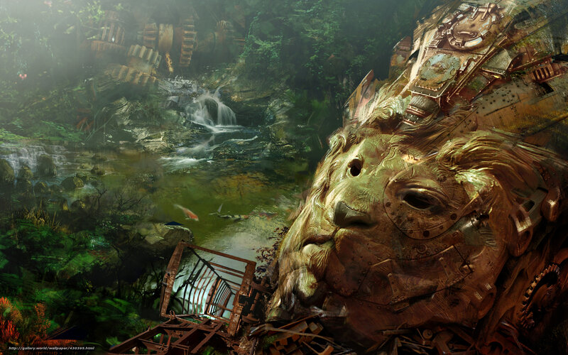 Mechanical lion in jungle ruins