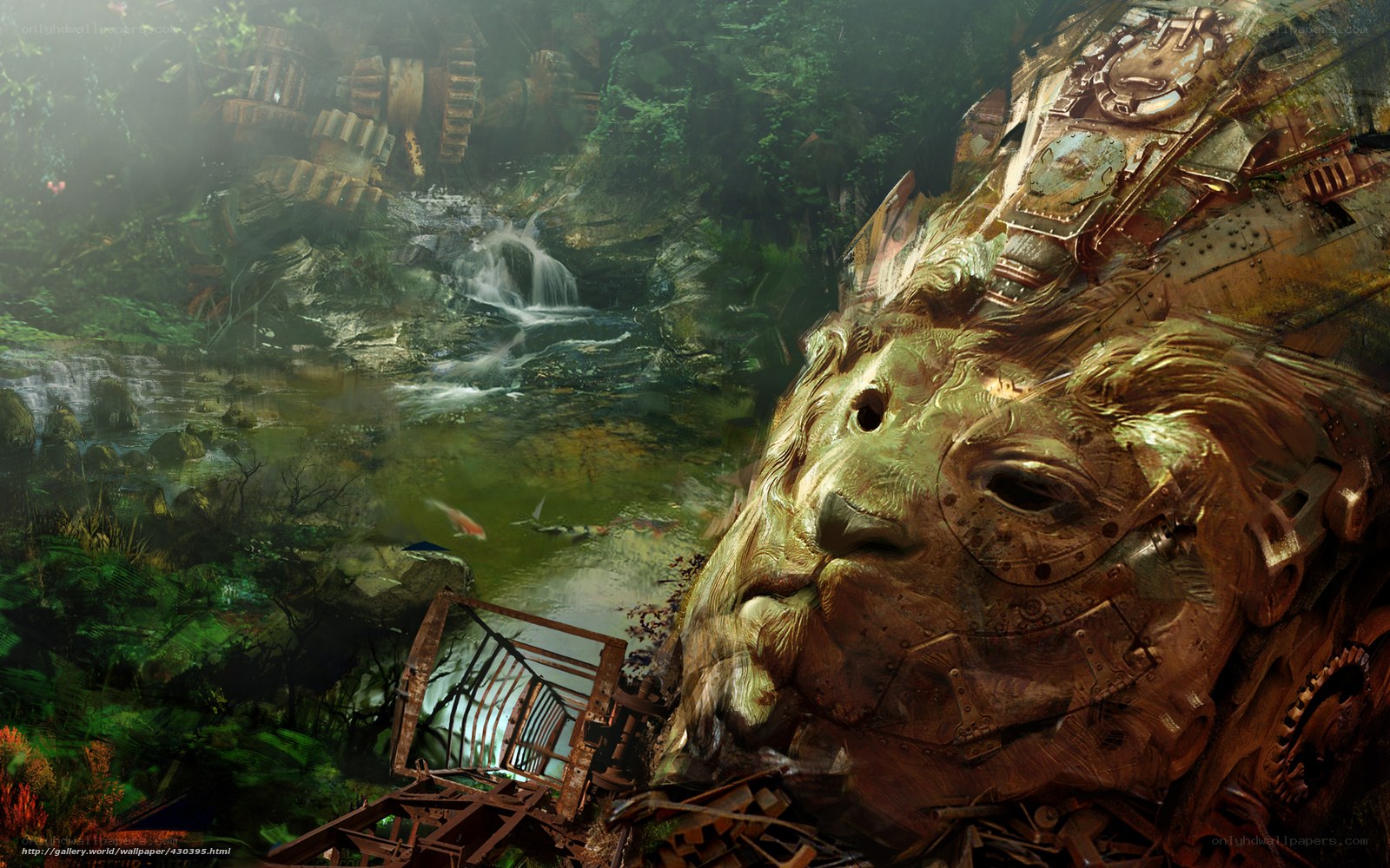 Mechanical lion in jungle ruins