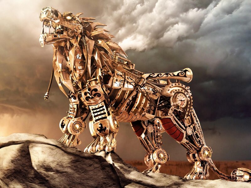 Mechanical lion sculpture