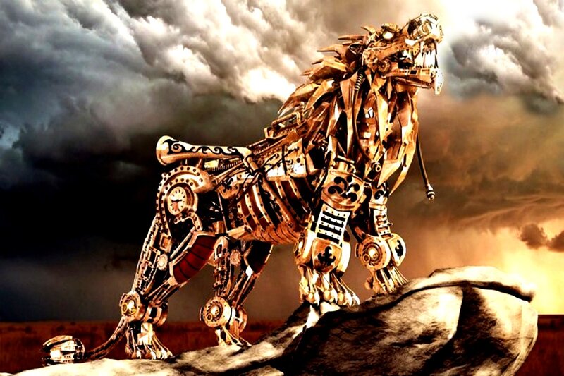Mechanical Lion Sculpture — Gold, Dramatic