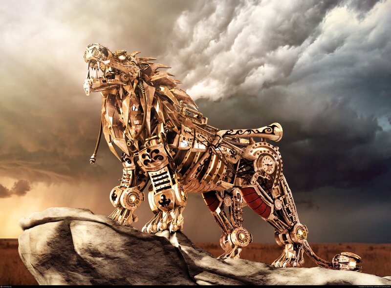 Mechanical lion sculpture