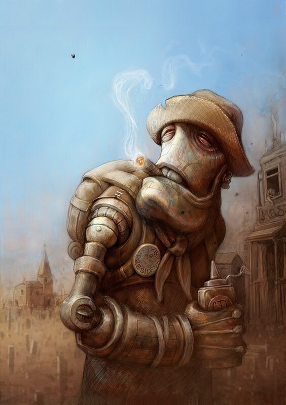 mechanical man smoking a cigarette