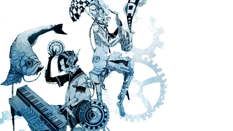 mechanical musicians in blue