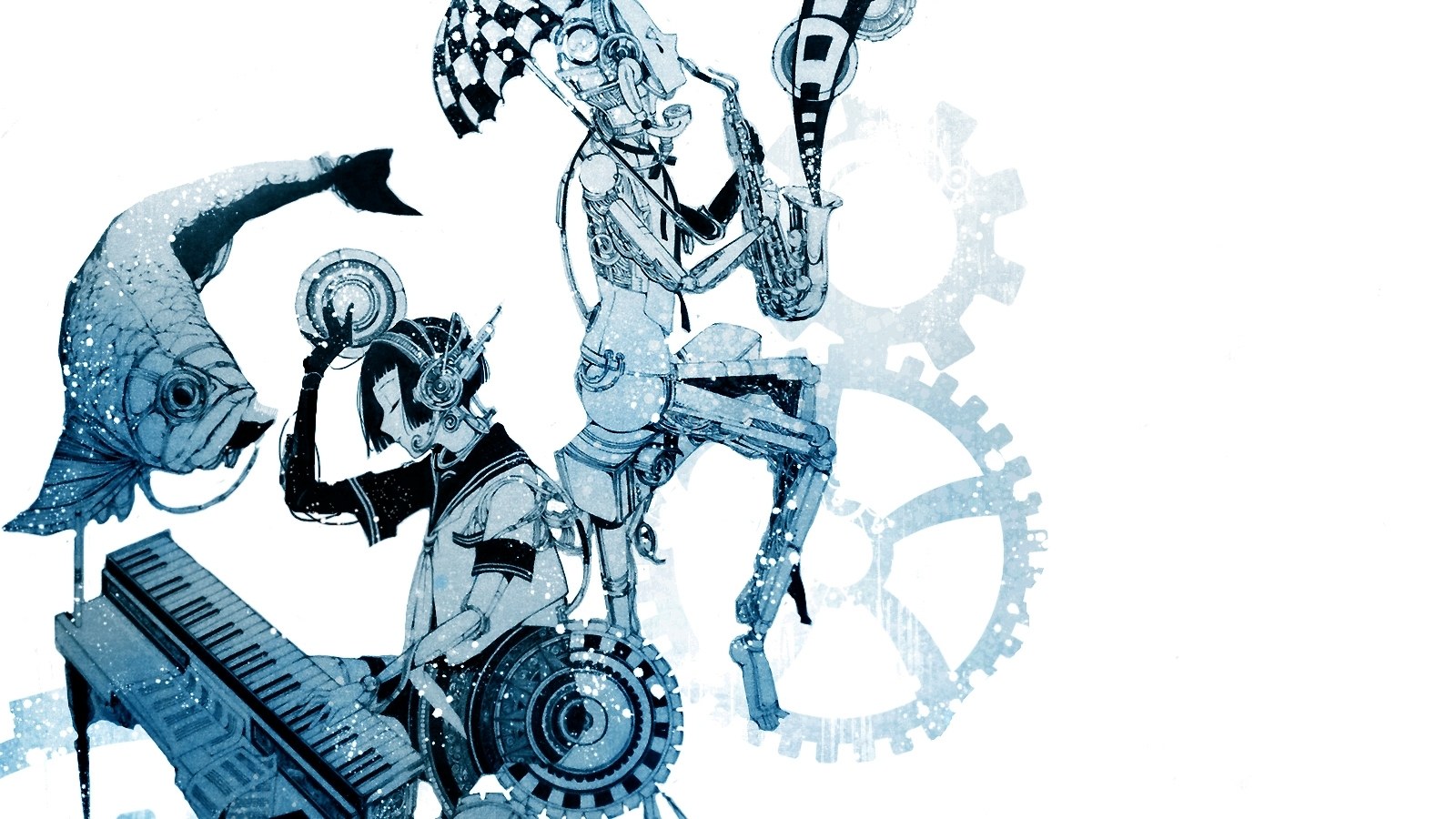mechanical musicians in blue